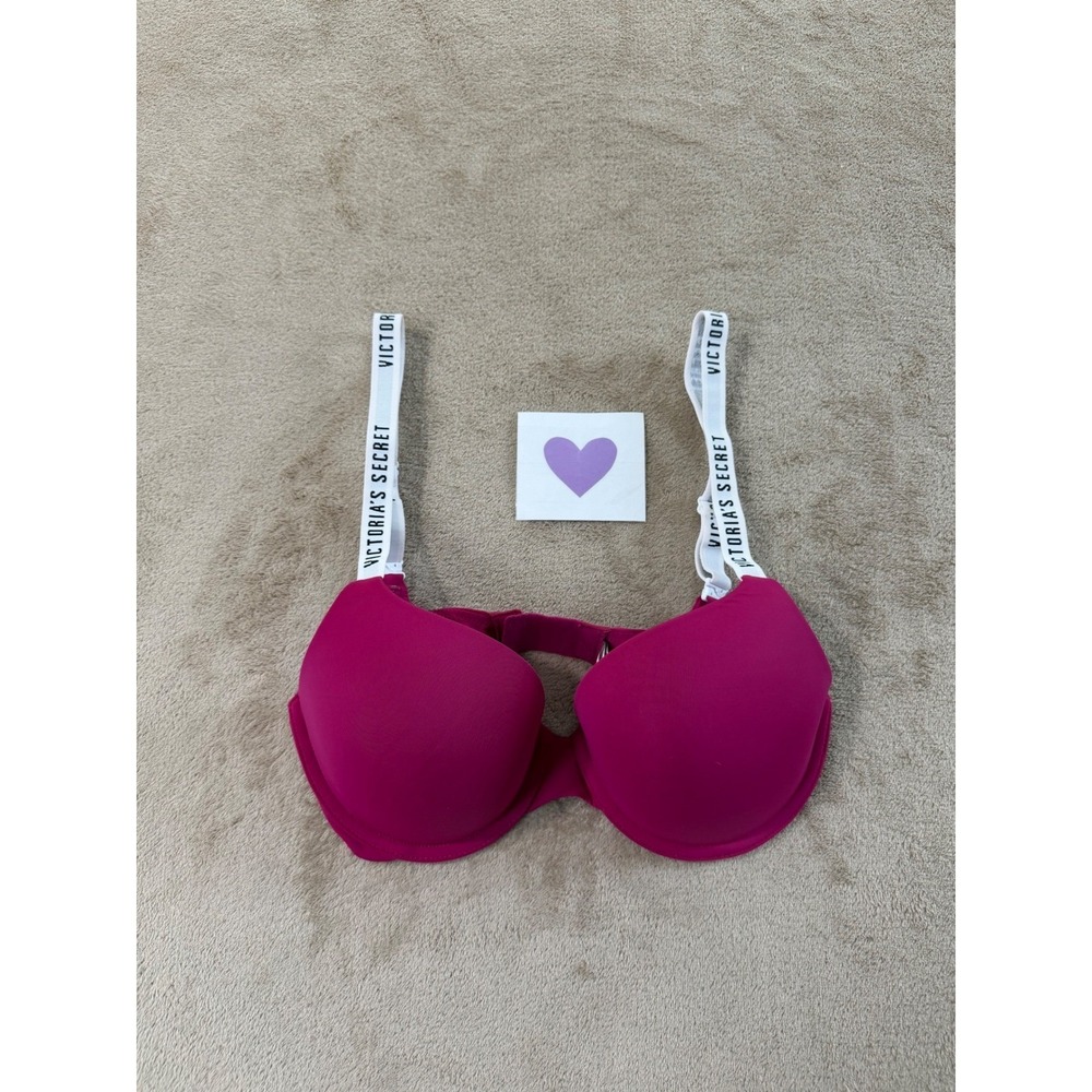 Victoria's Secret T-Shirt Push-Up‎ Bra 32D Magenta Pink Logo Straps EUC